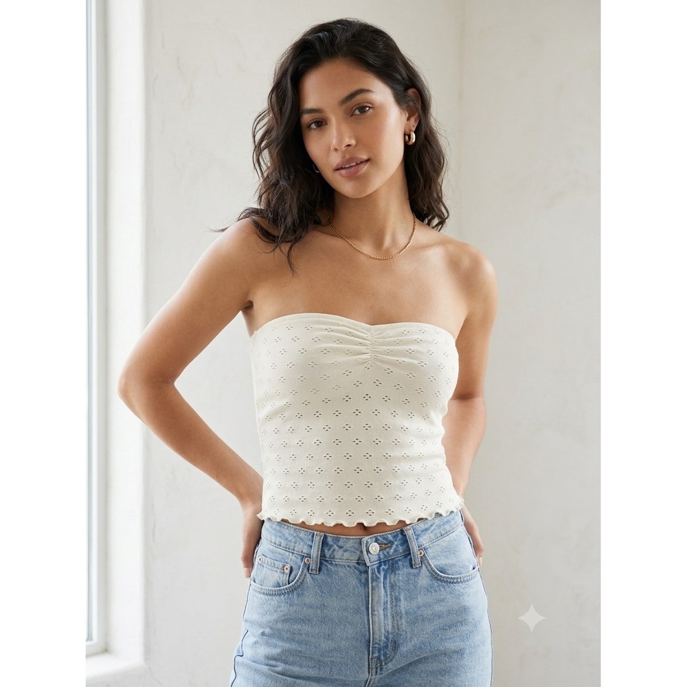 Intimately Free People Pointelle Tube Top Ivory Sweetheart Lettuce Hem XS/S